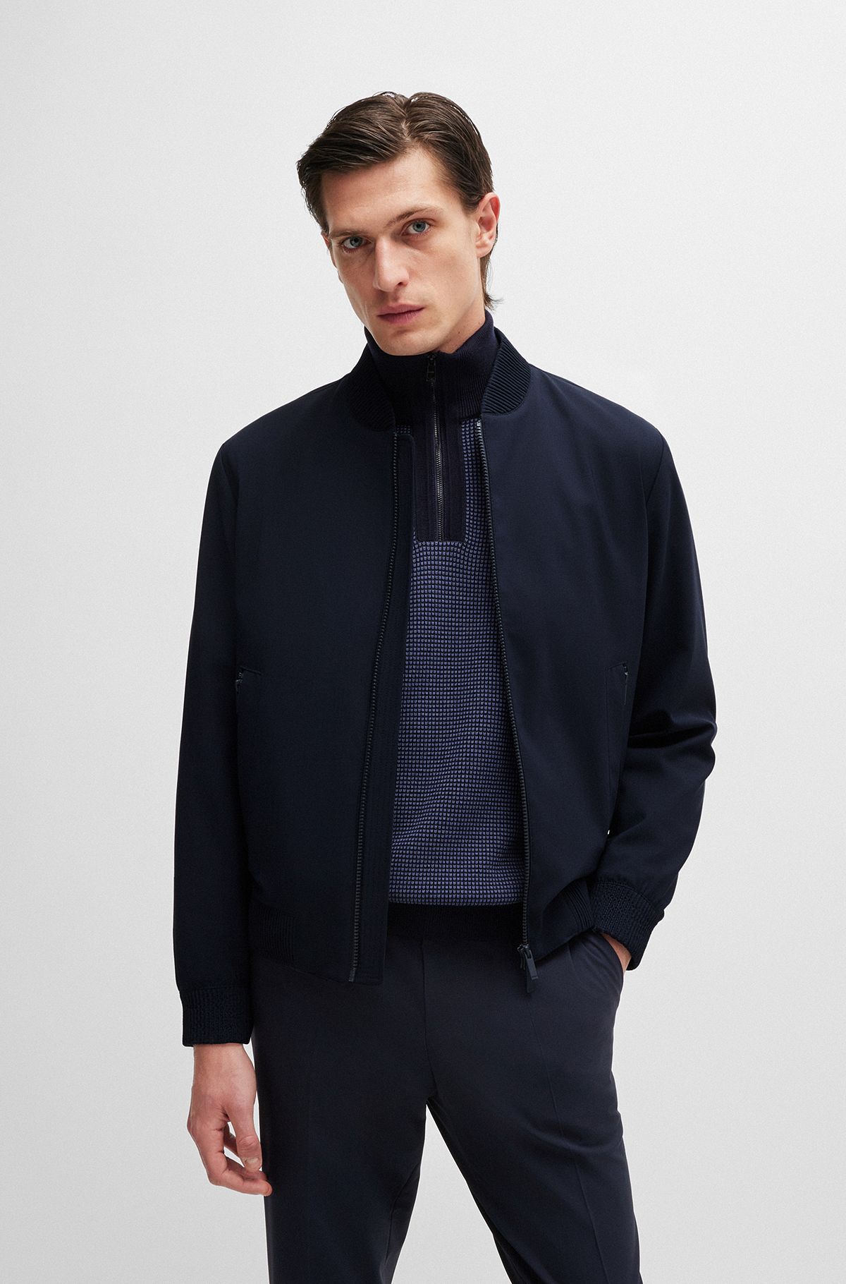 Slim-fit blouson jacket in a washable wool blend, Dark Blue