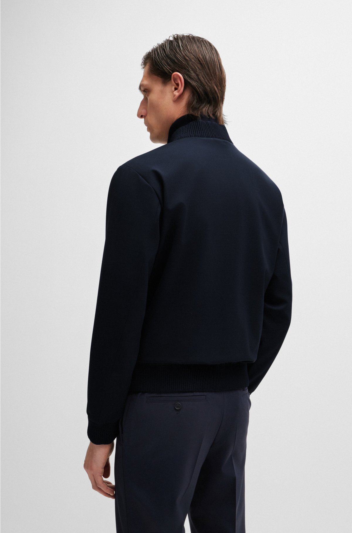 Slim-fit blouson jacket in a washable wool blend, Dark Blue