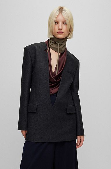 Wool-blend deep V-neck tailored jacket, Dark Grey