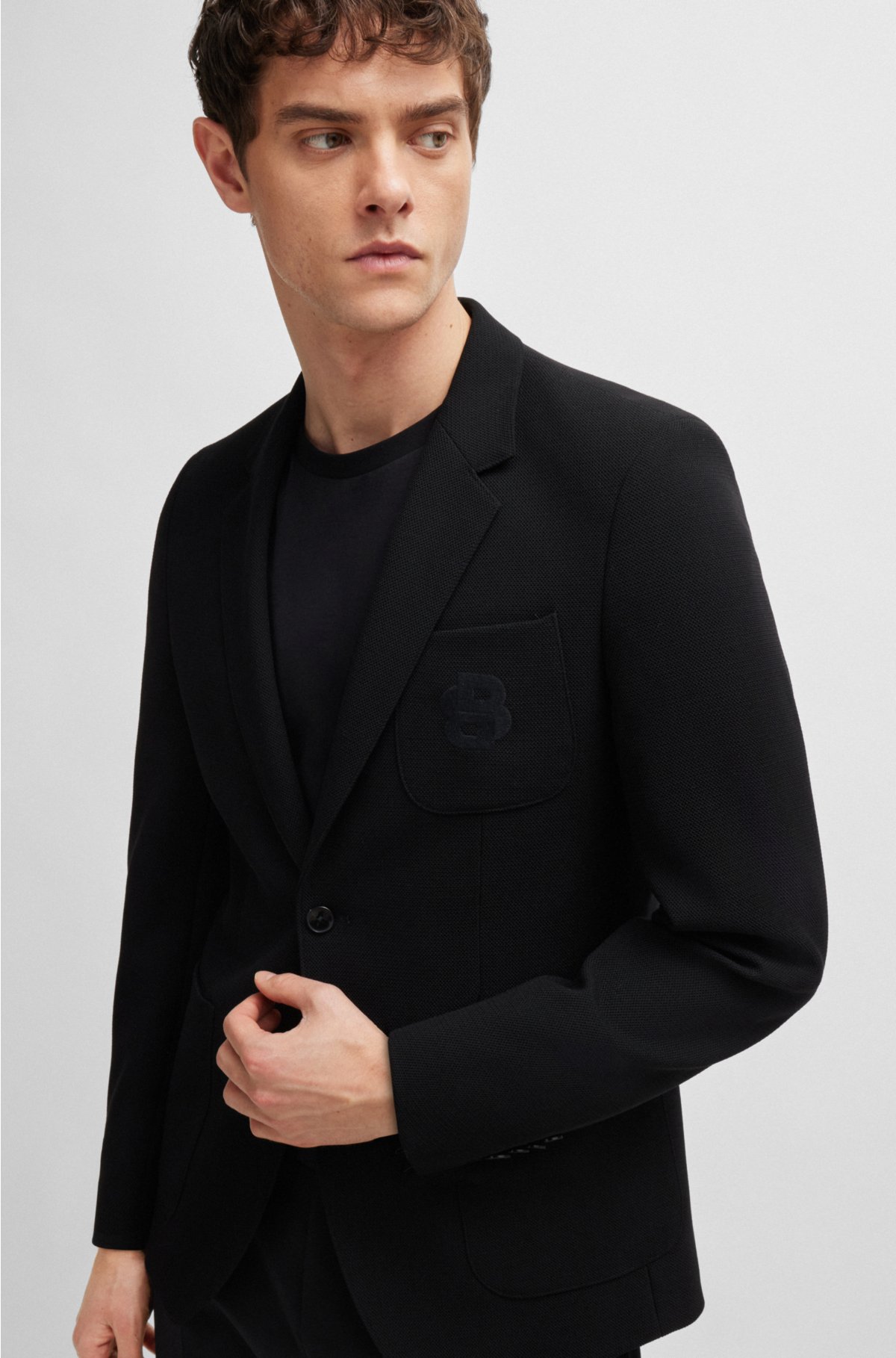Slim-fit jacket with Double B monogram, Black