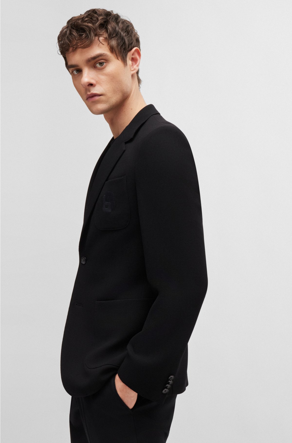 Slim-fit jacket with Double B monogram, Black