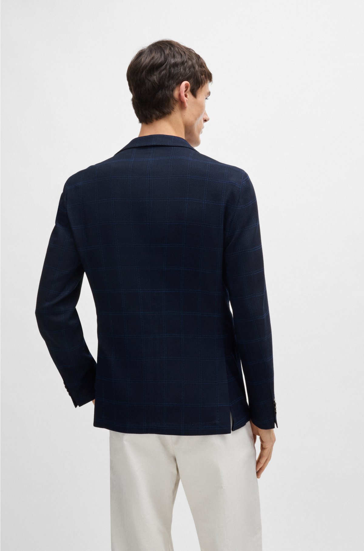 Slim-fit jacket in checked stretch cloth, Dark Blue
