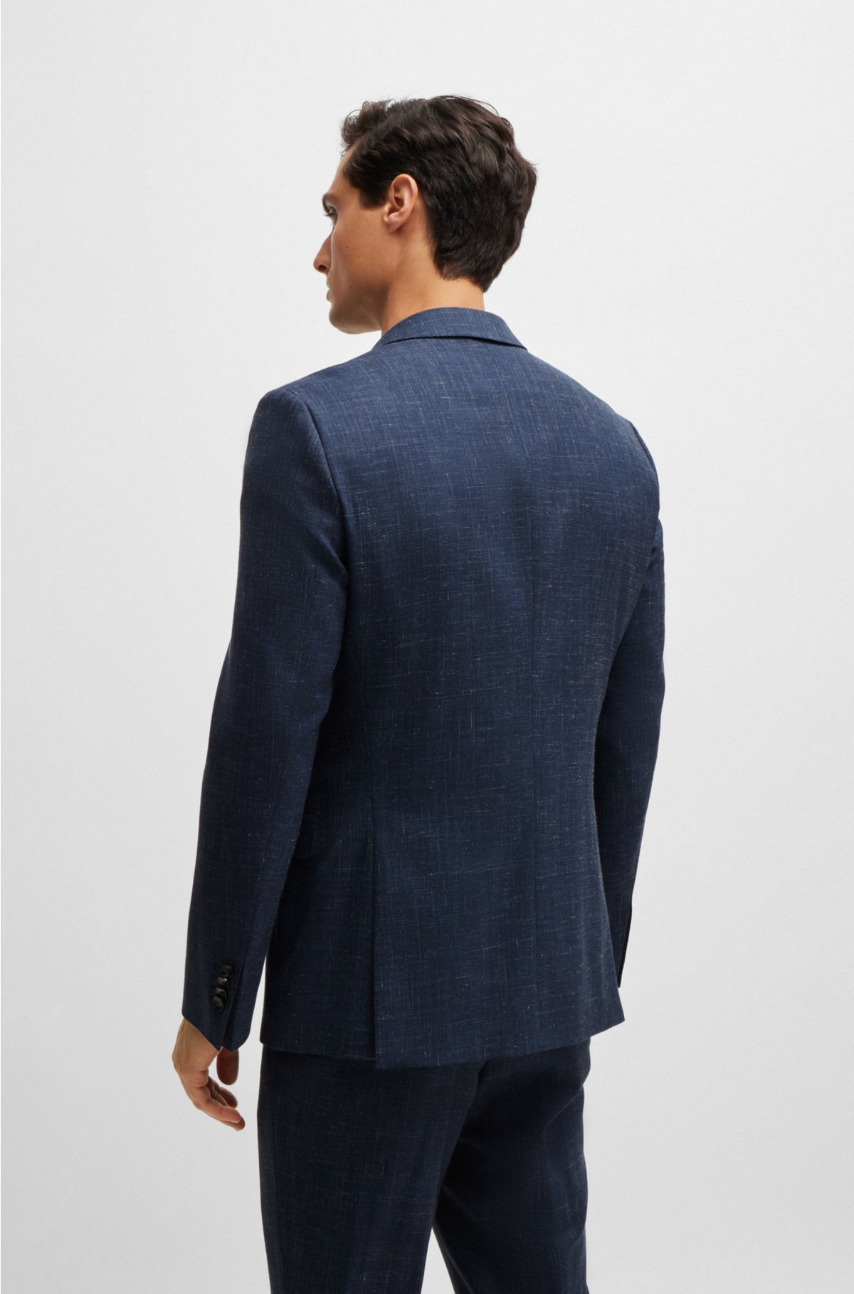 Slim-fit jacket in virgin wool and linen, Dark Blue