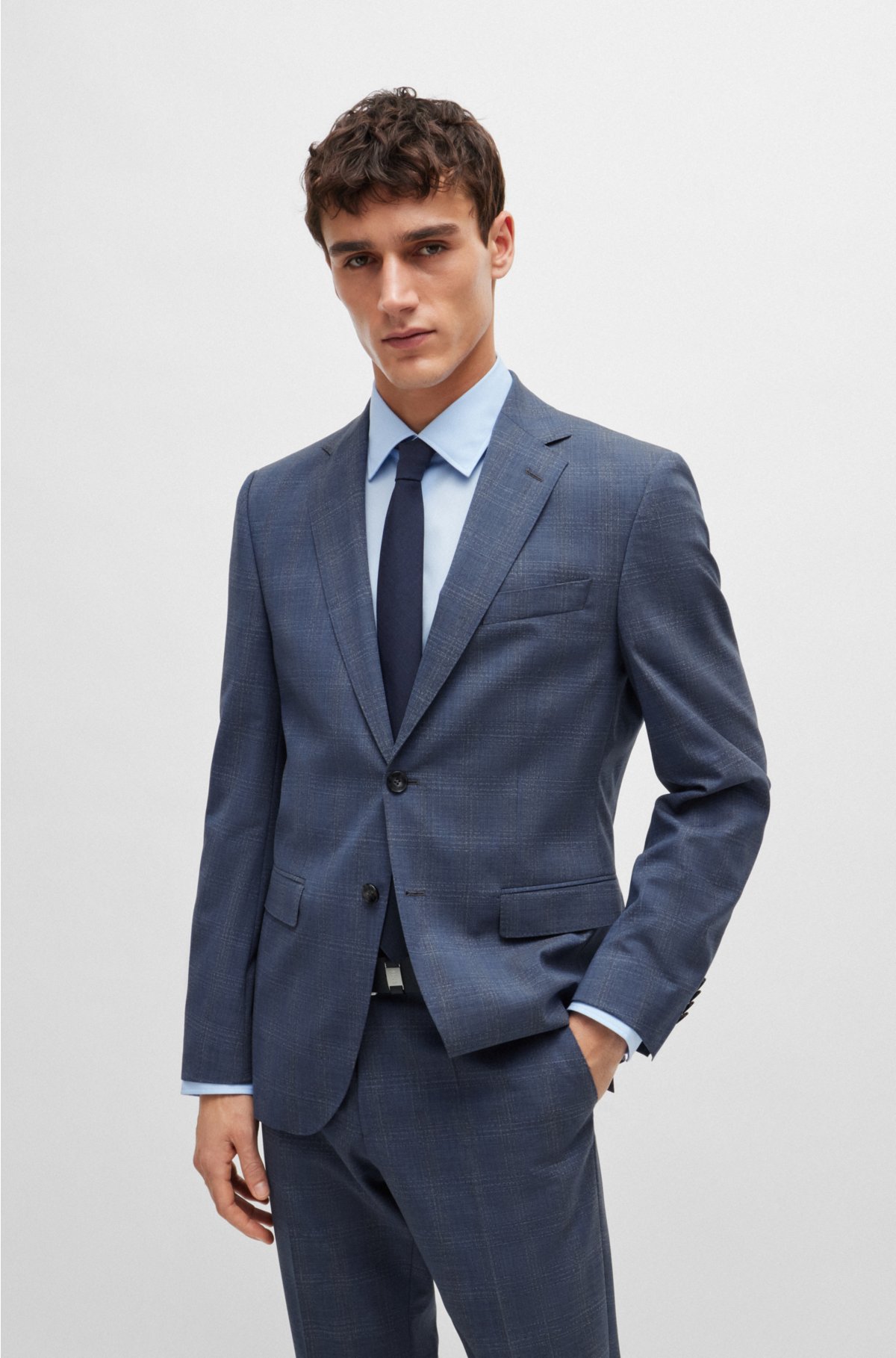 Regular-fit suit in checked stretch virgin wool, Dark Blue