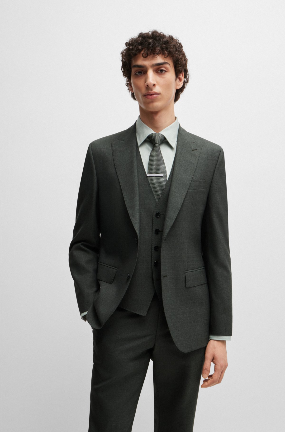 Regular-fit three-piece suit in melange virgin wool, Light Green