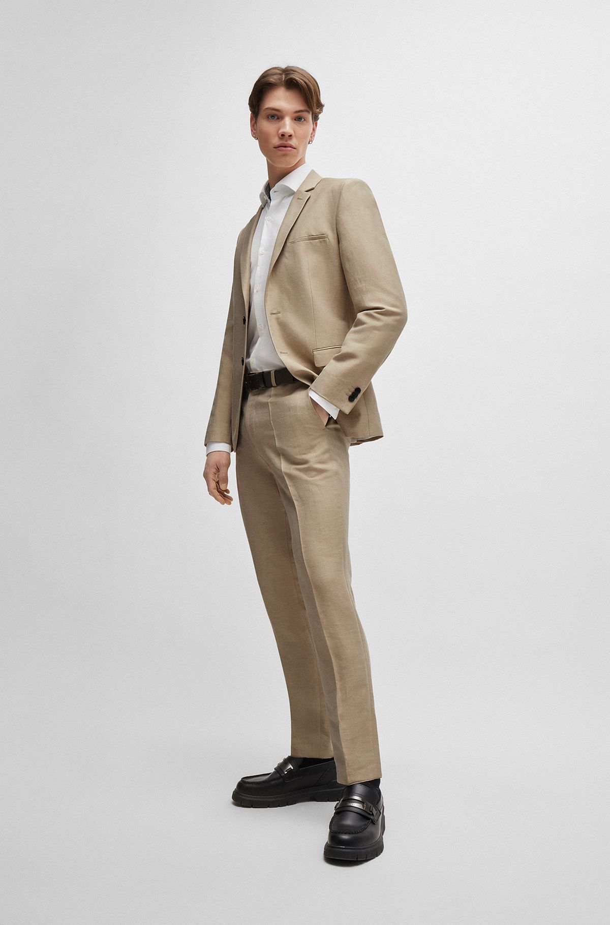 Extra-slim-fit suit in linen-blend chambray, Khaki