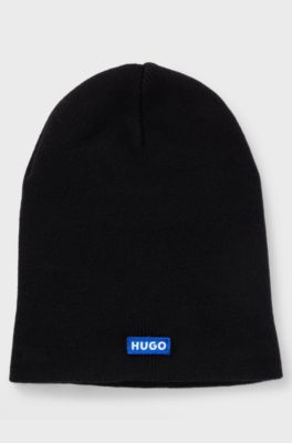 Cotton-knit beanie hat with blue logo label, Black