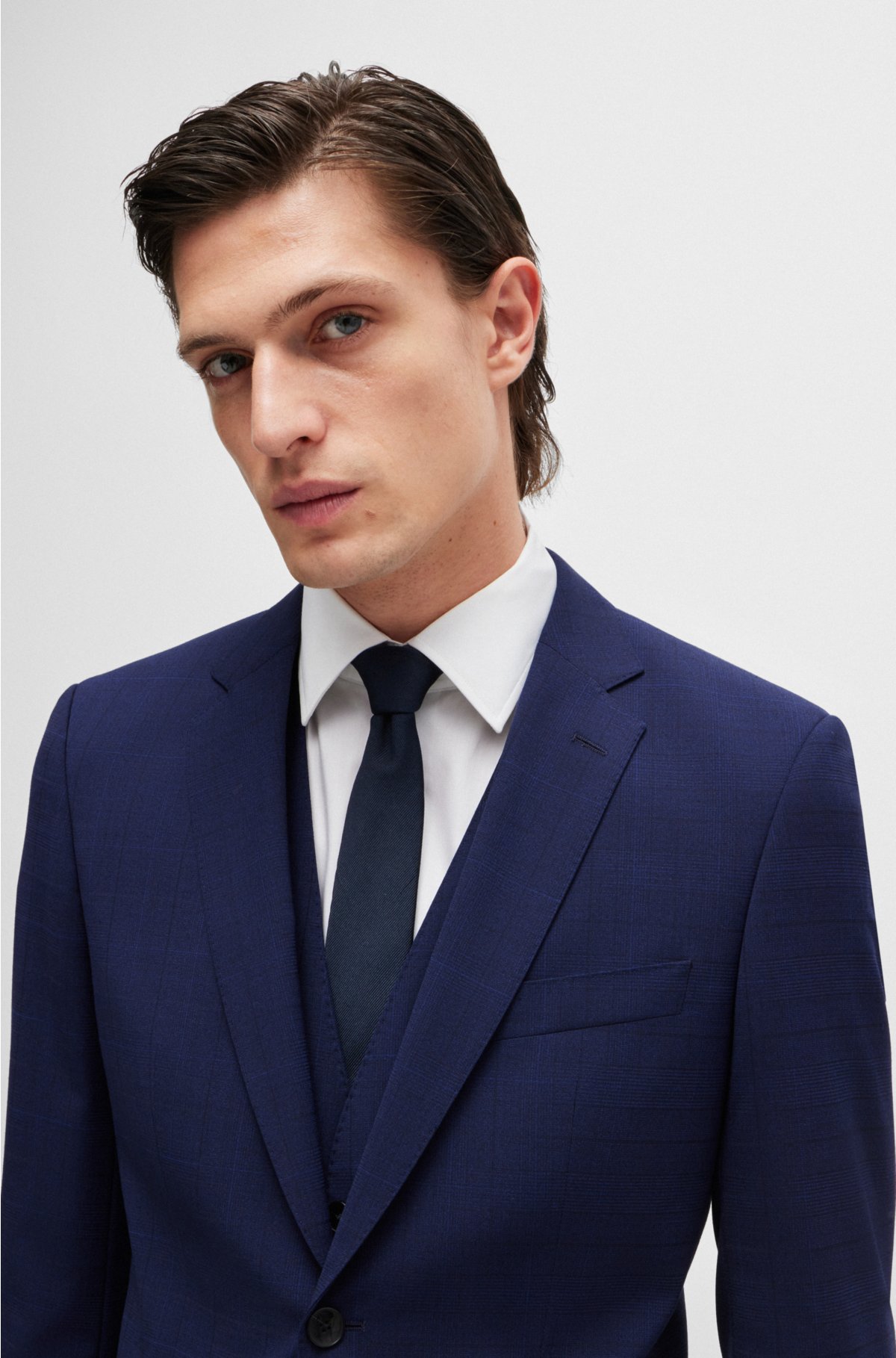 Slim-fit three-piece suit in checked stretch fabric, Dark Blue