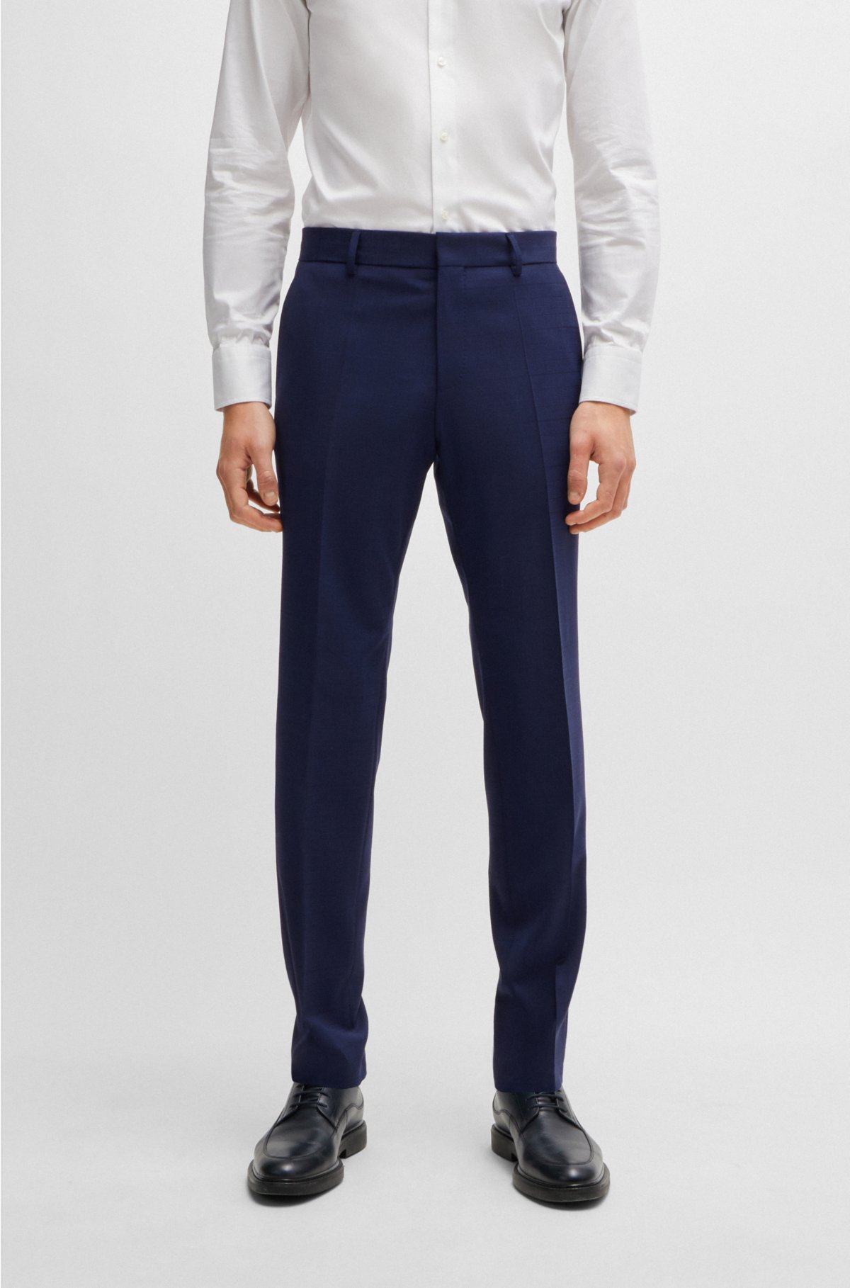 Slim-fit three-piece suit in checked stretch fabric, Dark Blue