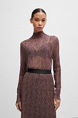 High-neck top in plissé tulle, Brown Patterned