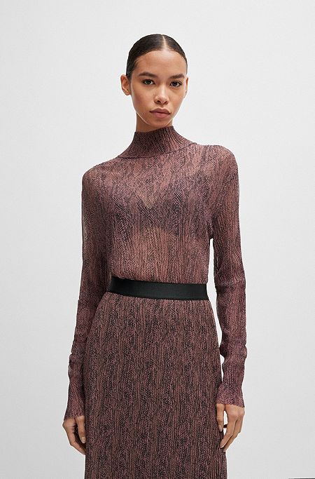 High-neck top in plissé tulle, Brown Patterned