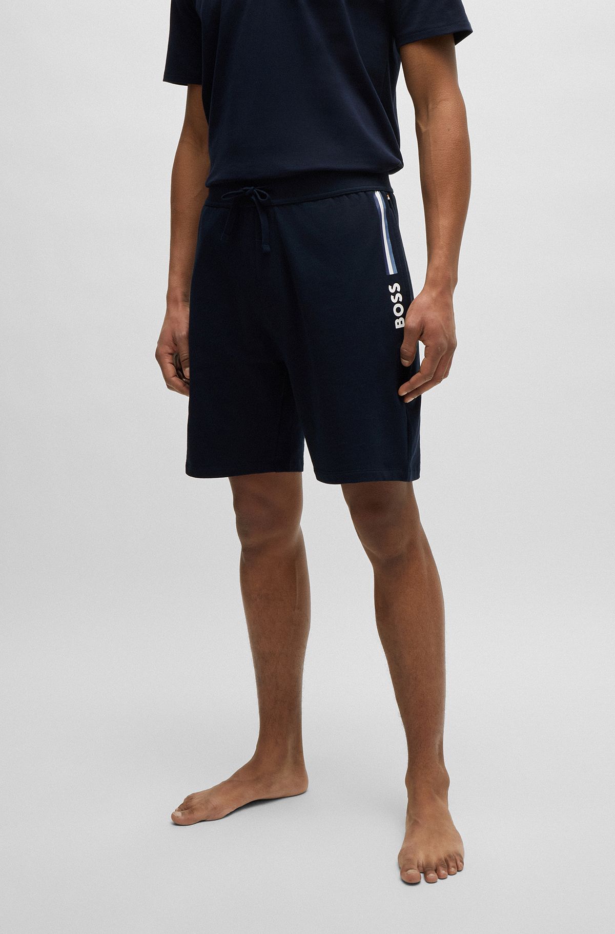 Regular-rise shorts in French terry with logo detail, Dark Blue