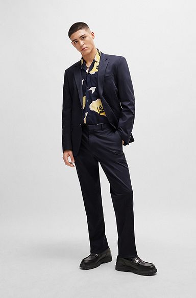 Slim-fit suit in stretch-cotton satin, Dark Blue