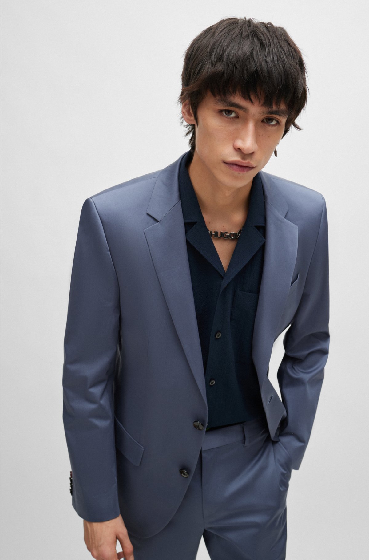 Slim-fit suit in stretch-cotton satin, Blue