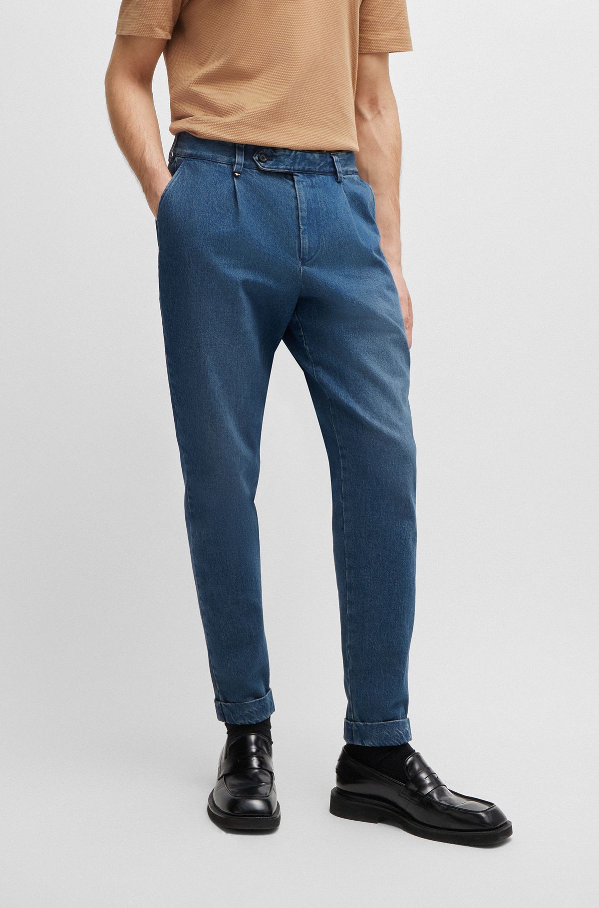 Slim-fit trousers in blue cotton denim, Blue
