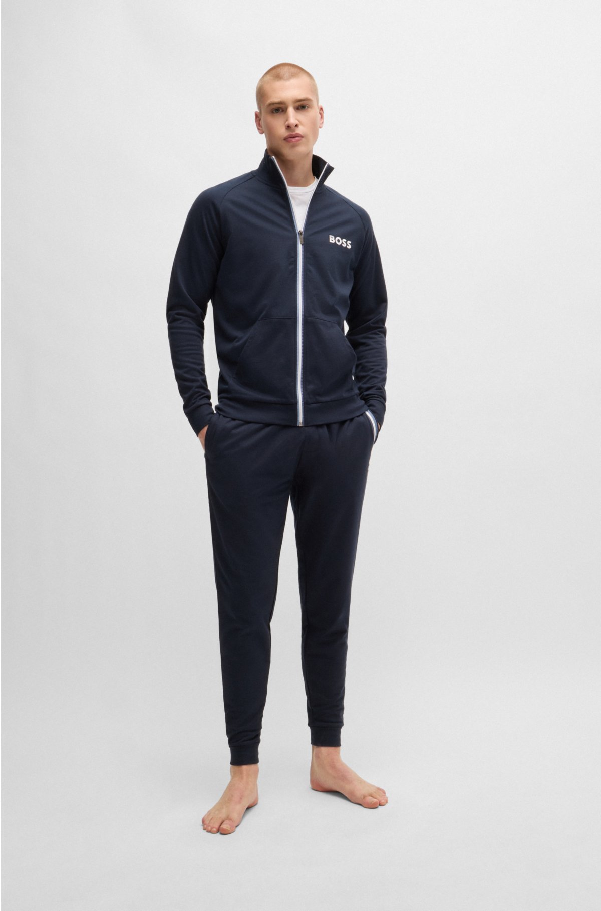 Zip-up jacket in French terry with logo detail, Dark Blue