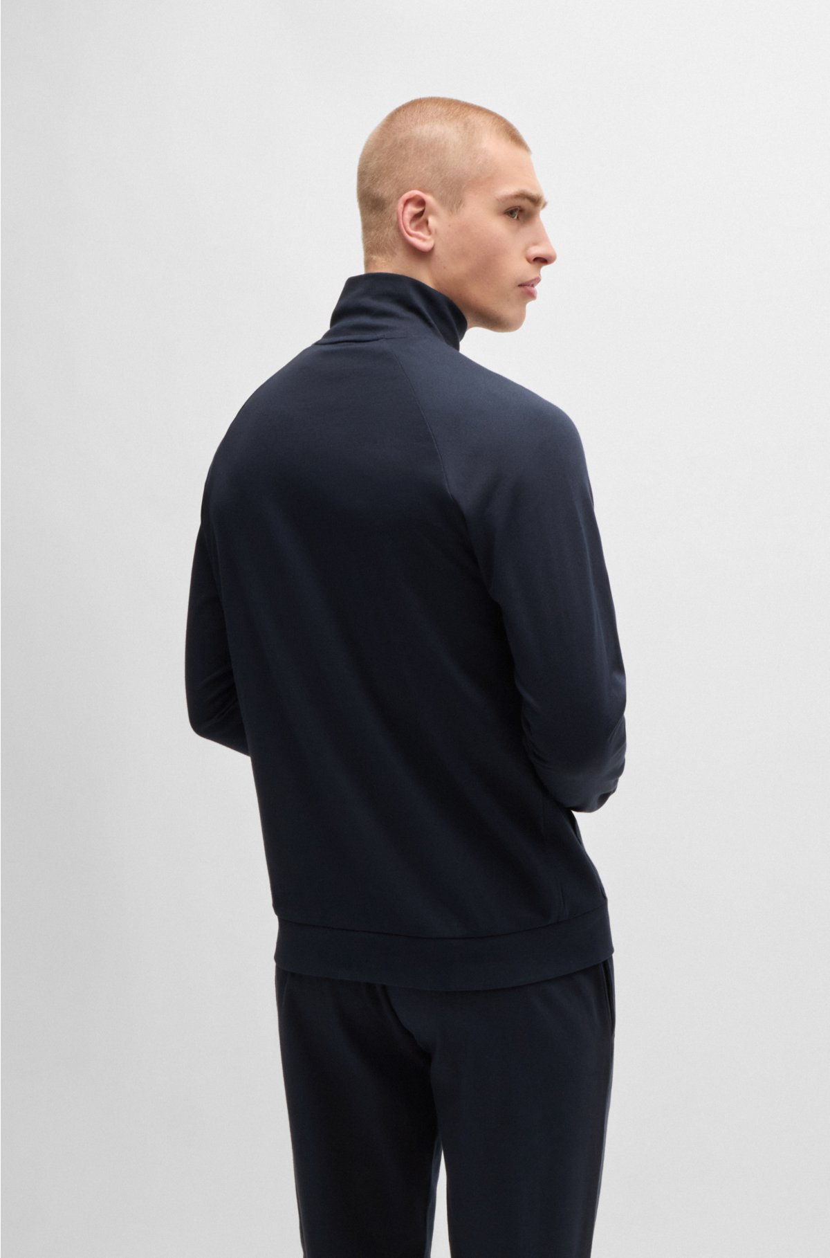 Zip-up jacket in French terry with logo detail, Dark Blue