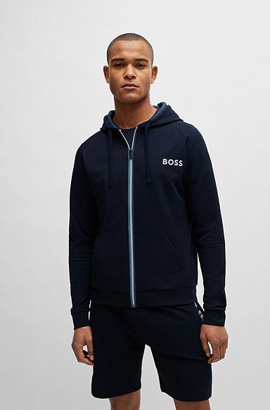 Zip-up hoodie in French terry with logo detail, Dark Blue