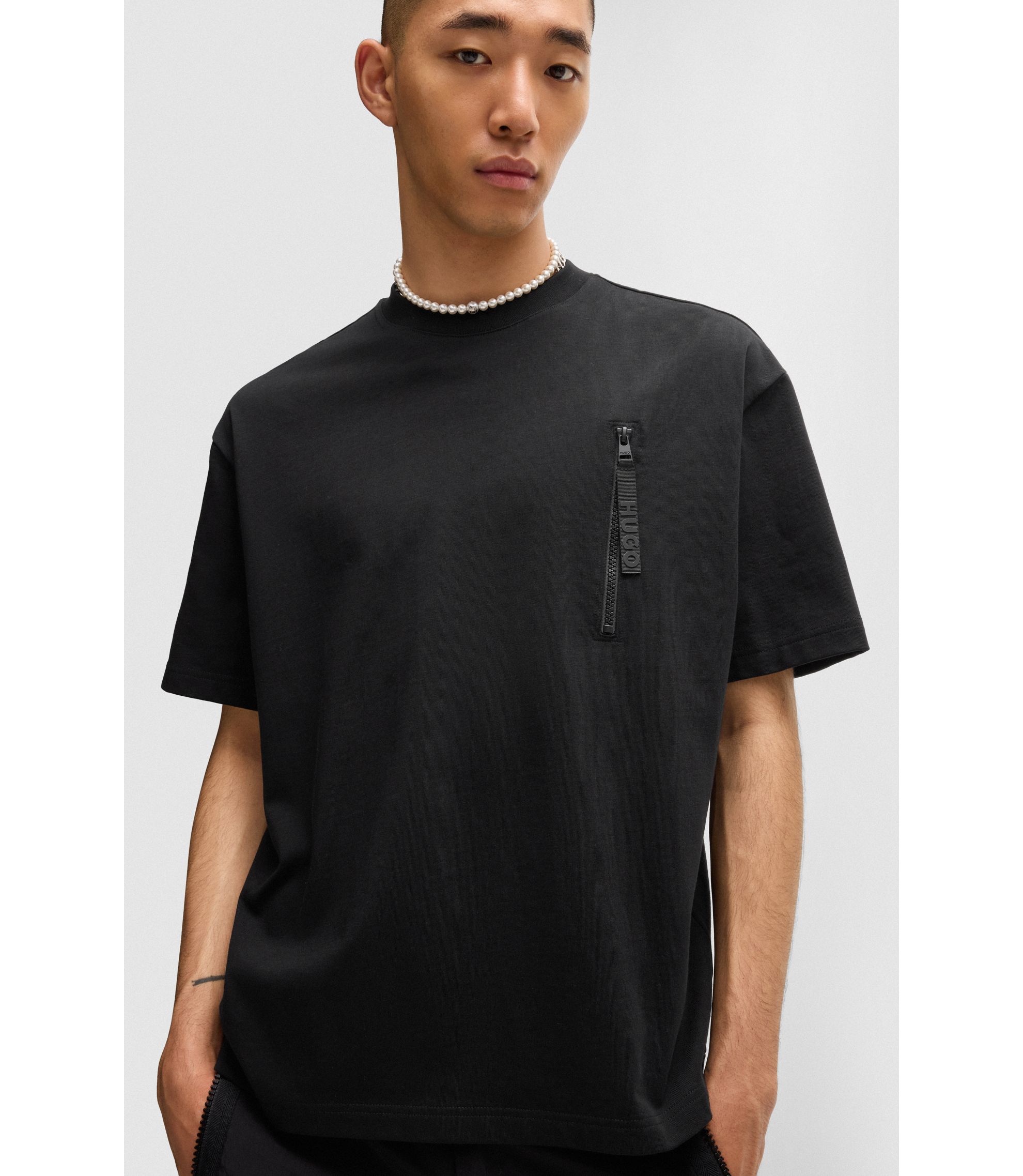 HUGO - Cotton-jersey T-shirt with zipped pocket - Black