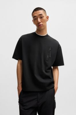 HUGO - Cotton-jersey T-shirt with zipped pocket - Black
