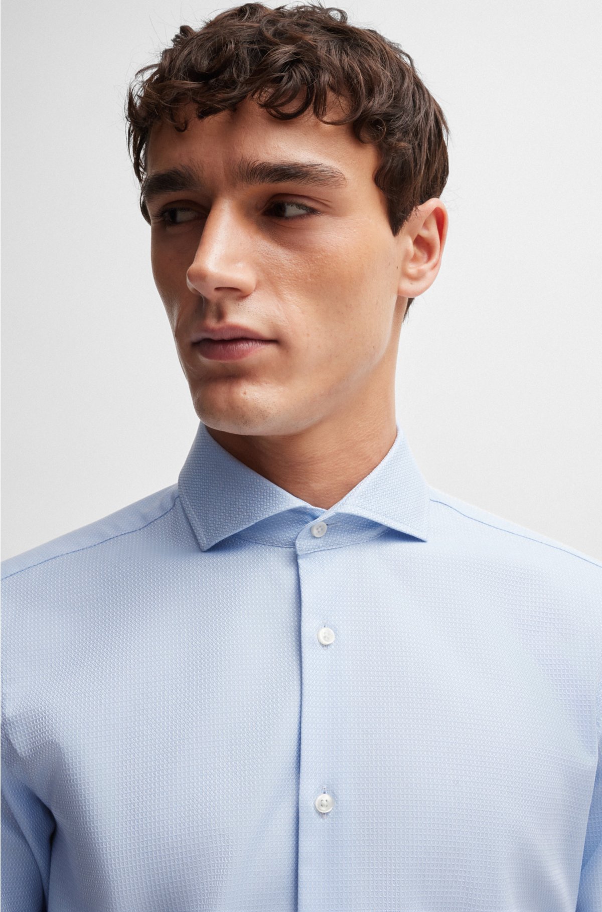 Regular-fit shirt in structured easy-iron stretch cotton, Light Blue
