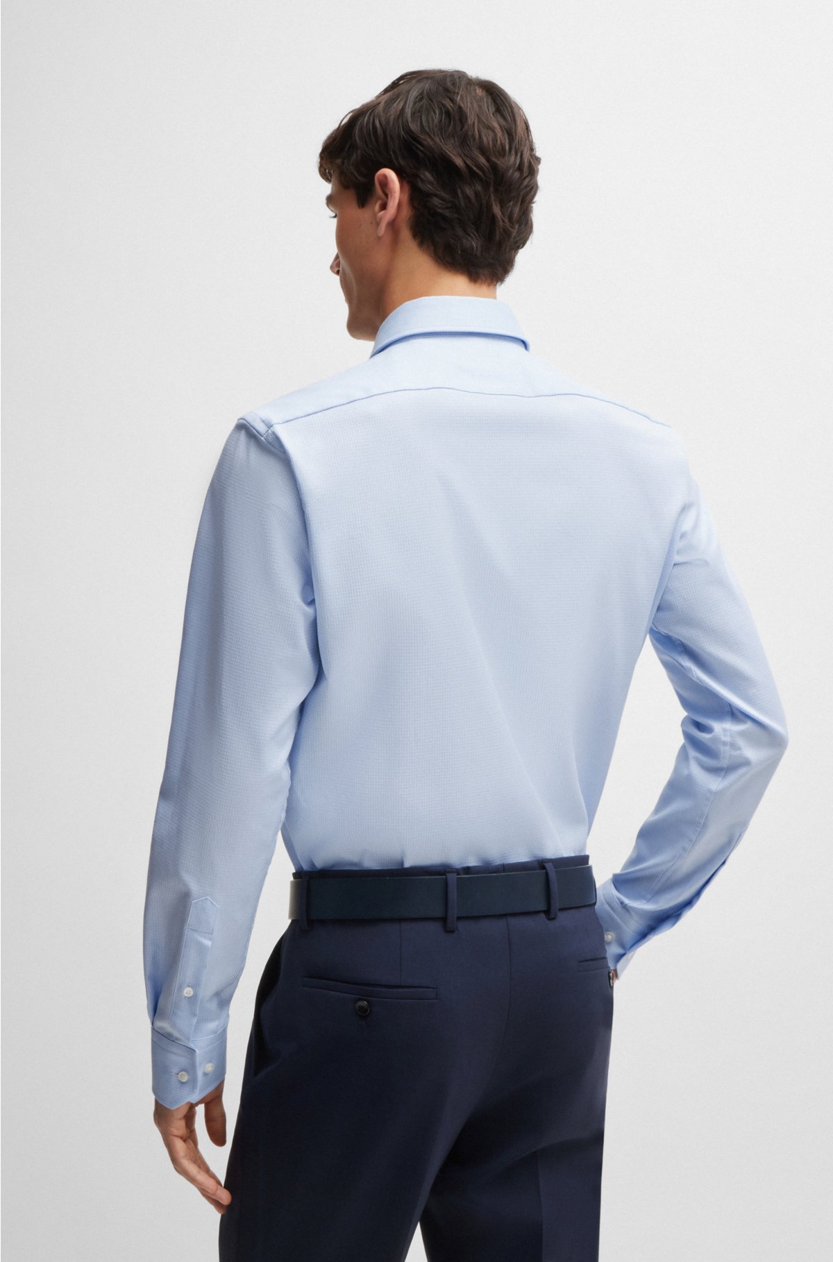 Regular-fit shirt in structured easy-iron stretch cotton, Light Blue