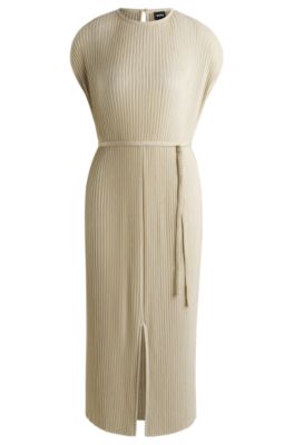 Vestito senza maniche con cintura in tessuto pliss&eacute; lucido, Beige chiaro