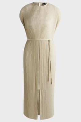 Belted sleeveless dress in high-shine pliss&eacute;, Light Beige