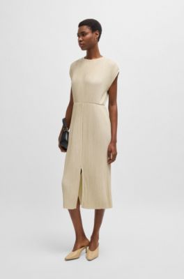 Vestito senza maniche con cintura in tessuto pliss&eacute; lucido, Beige chiaro