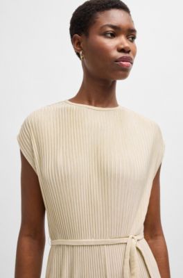 Vestito senza maniche con cintura in tessuto pliss&eacute; lucido, Beige chiaro