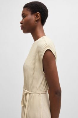 Vestito senza maniche con cintura in tessuto pliss&eacute; lucido, Beige chiaro
