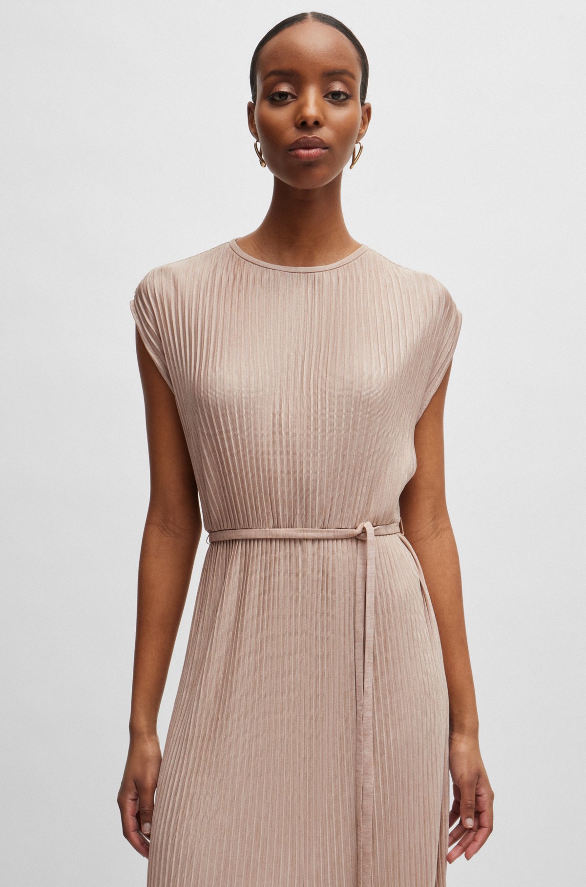 BOSS - Belted sleeveless dress in high-shine plissé - Light Beige BOSS - Belted sleeveless dress in high-shine plissé - Light Beige