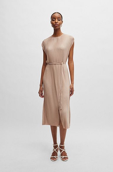 Belted sleeveless dress in high-shine plissé, Light Beige
