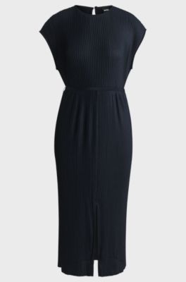 Belted sleeveless dress in high-shine pliss&eacute;, Dark Blue