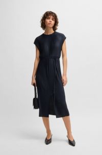 Belted sleeveless dress in high-shine plissé, Dark Blue
