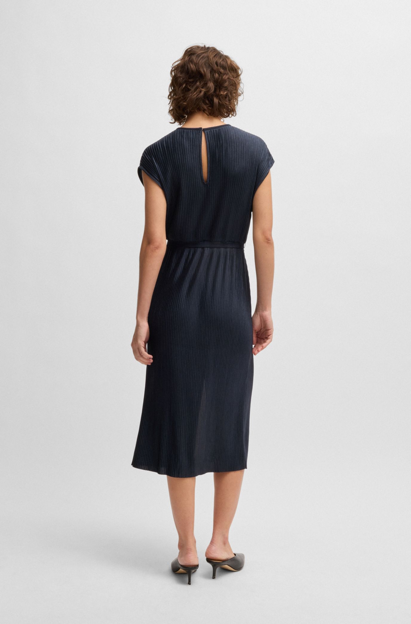 BOSS - Belted sleeveless dress in high-shine plissé - Dark Blue