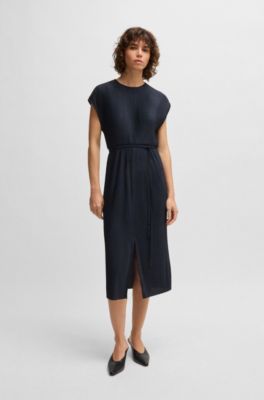 Belted sleeveless dress in high-shine pliss&eacute;, Dark Blue
