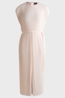 Belted sleeveless dress in high-shine pliss&eacute;, light pink