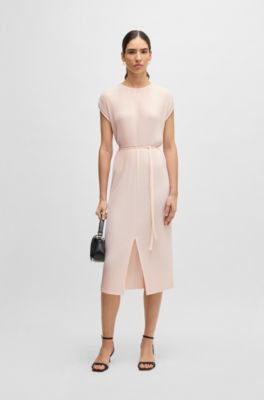 Belted sleeveless dress in high-shine pliss&eacute;, light pink