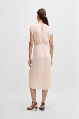 Belted sleeveless dress in high-shine pliss&eacute;, light pink