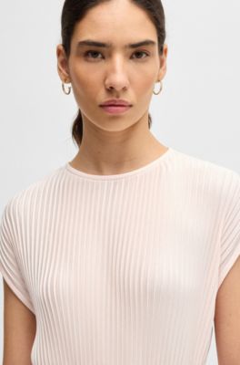 Belted sleeveless dress in high-shine pliss&eacute;, light pink