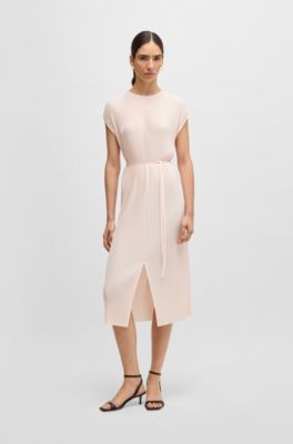 Belted sleeveless dress in high-shine pliss&eacute;, light pink