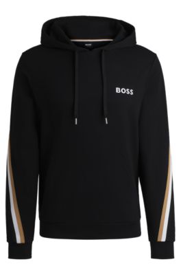 BOSS Cotton terry hoodie with signature stripe tape Black