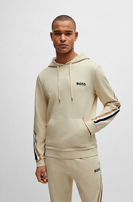 Cotton-terry hoodie with signature-stripe tape, Light Beige