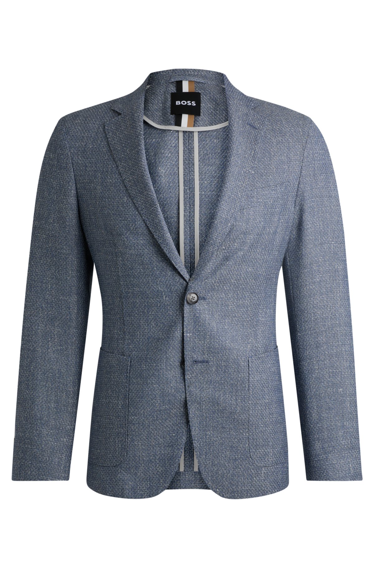 Slim-fit jacket in patterned virgin wool and linen, Dark Blue