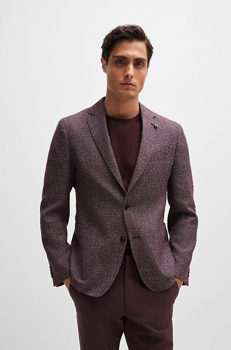 Slim-fit jacket in patterned virgin wool and linen, Dark Red