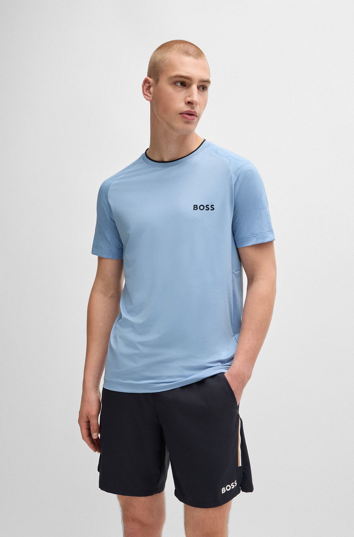 BOSS x Matteo Berrettini stretch-jersey T-shirt with signature details, Light Blue