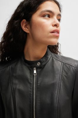 Regular-fit jacket in grained leather, Black