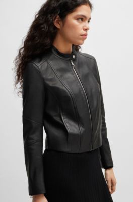 Regular-fit jacket in grained leather, Black