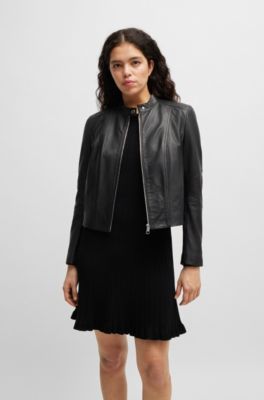 Regular-fit jacket in grained leather, Black